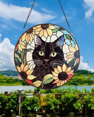 Cat Among Flowers Stained Glass Style Suncatcher | Window Decor | Home Decoration | Gift for Cat Lovers and Garden Enthusiasts