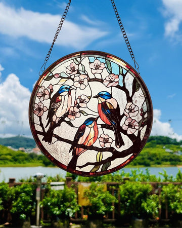 Many Robins Playing on Branch Stained Glass Style Suncatcher | Window Decor | Home Decoration | for Bird and Nature Lovers Housewarming