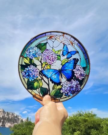 Butterfly Flying Among Flowers Stained Glass Style Suncatcher | Window Decor | Home Decoration | Ideal Gift for Butterfly Garden Lovers