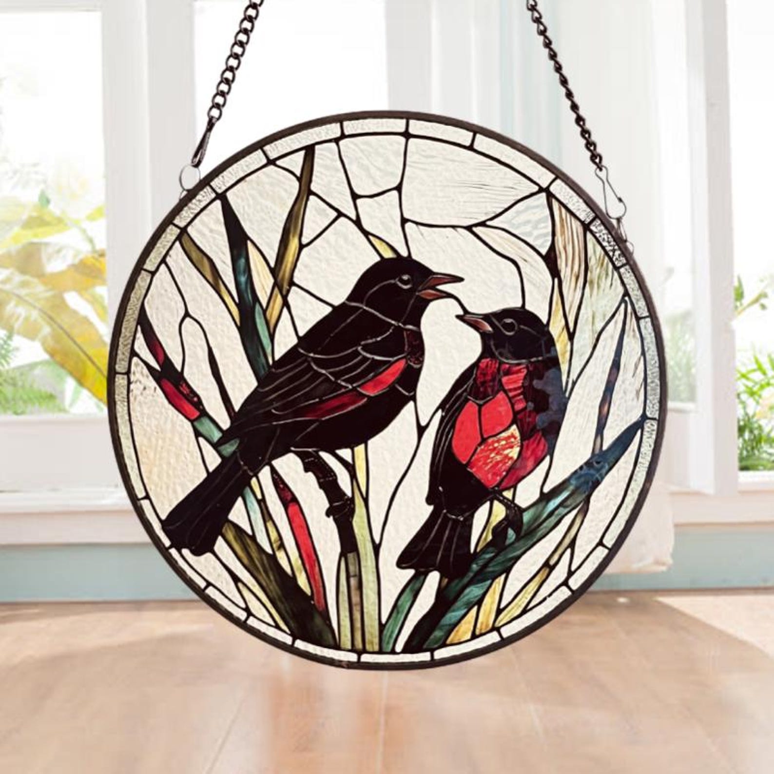 Red-Winged Blackbirds in Love Stained Glass Style Suncatcher | Window Decor | Gift for Bird and Nature Lovers | Wildlife Gift Idea