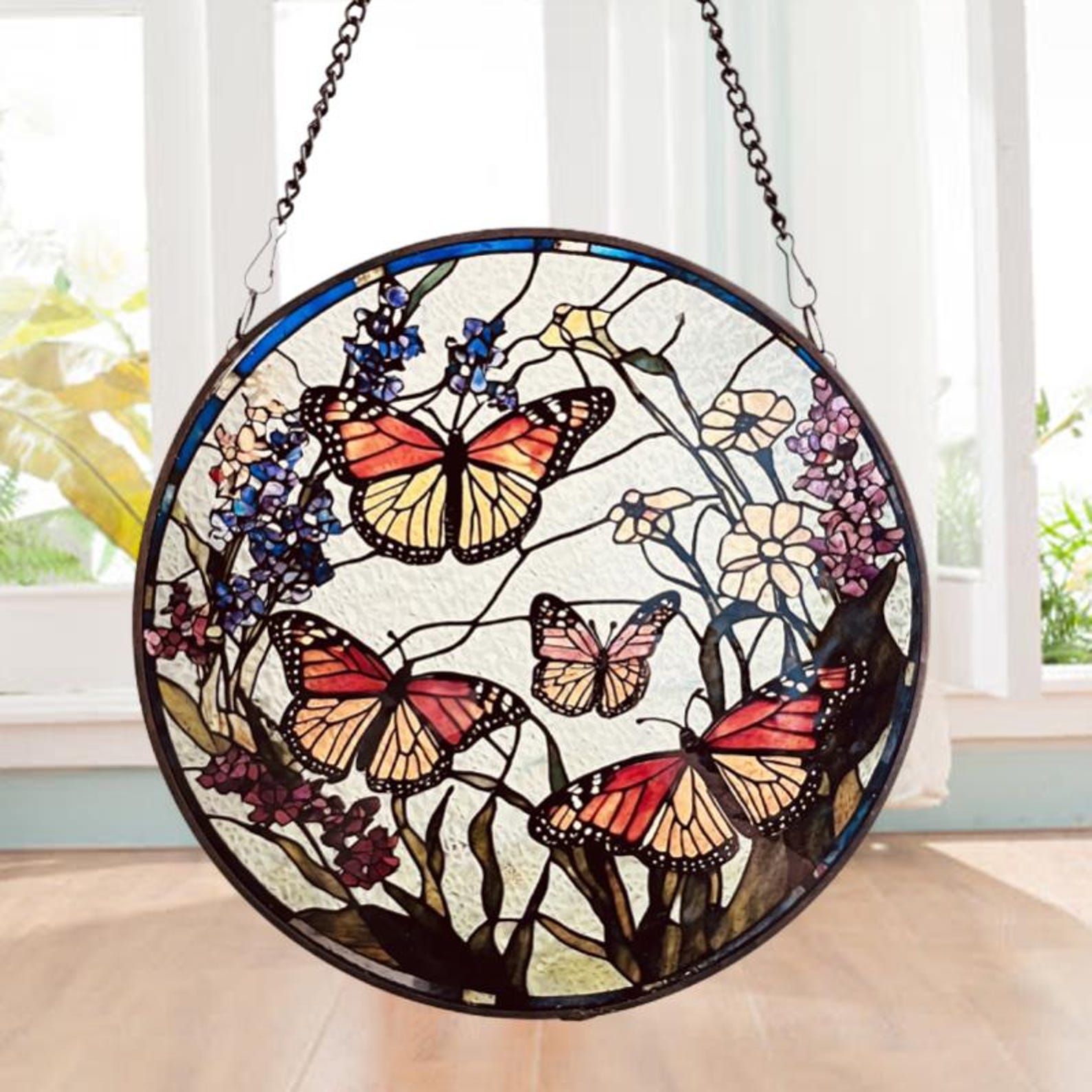 Butterfly Flying Among Flowers Stained Glass Style Suncatcher | Window Decor | Home Decoration | Ideal Gift for Butterfly  Garden Lovers