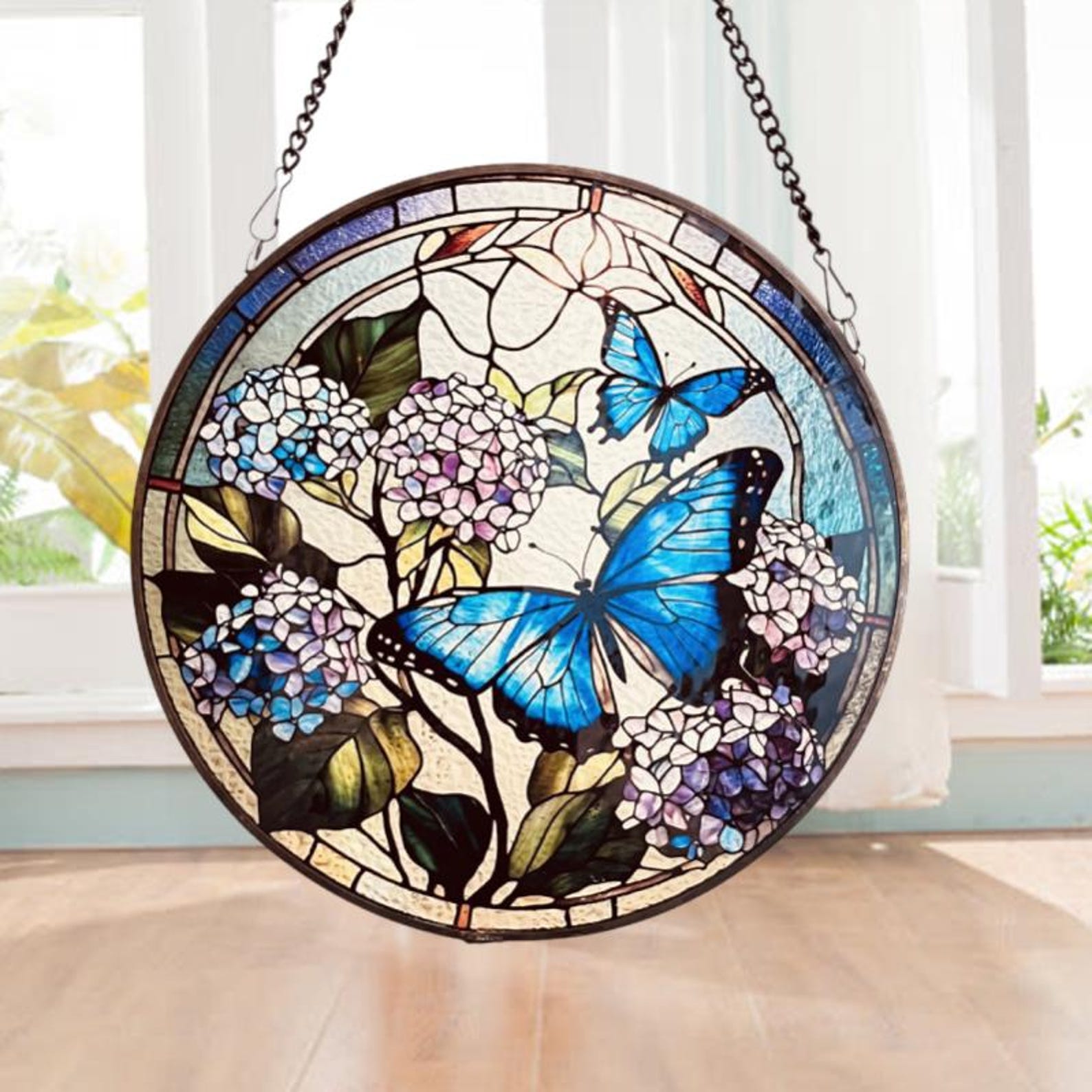 Butterfly Flying Among Flowers Stained Glass Style Suncatcher | Window Decor | Home Decoration | Ideal Gift for Butterfly  Garden Lovers
