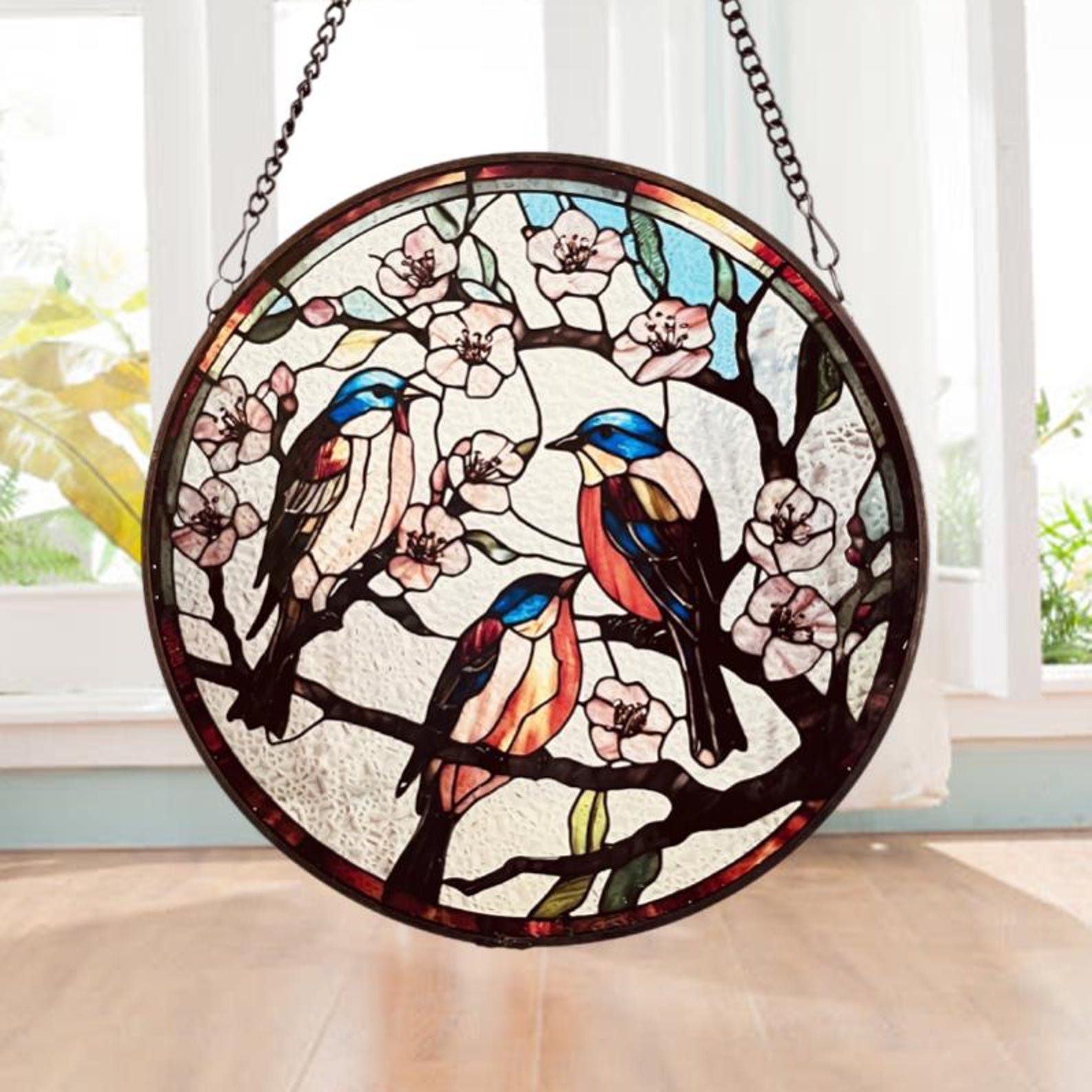 Many Robins Playing on Branch Stained Glass Style Suncatcher | Window Decor | Home Decoration |  for Bird and Nature Lovers  Housewarming