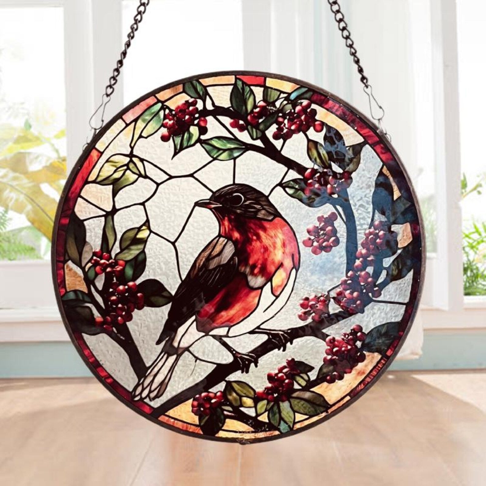 Many Robins Playing on Branch Stained Glass Style Suncatcher | Window Decor | Home Decoration |  for Bird and Nature Lovers  Housewarming