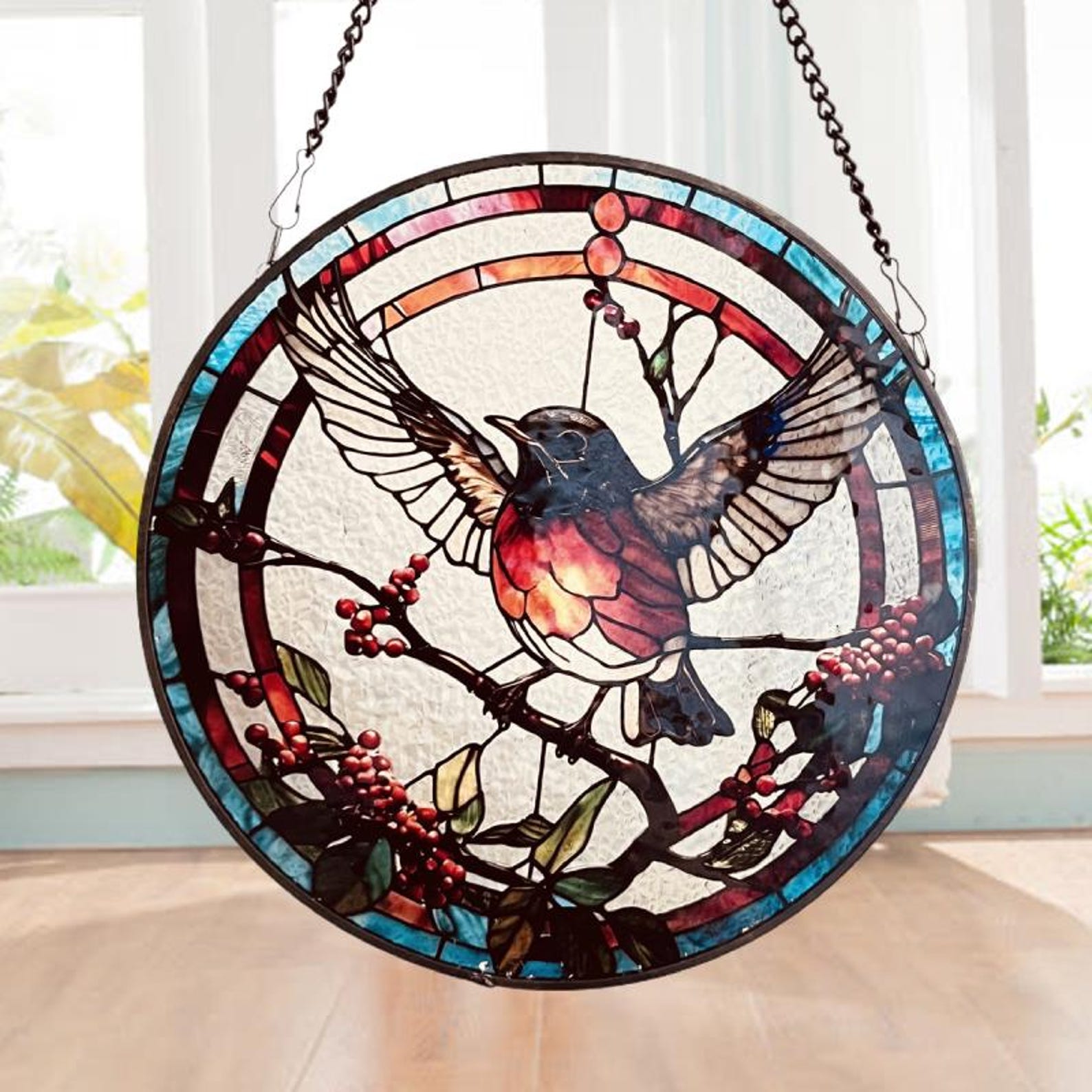 Many Robins Playing on Branch Stained Glass Style Suncatcher | Window Decor | Home Decoration |  for Bird and Nature Lovers  Housewarming