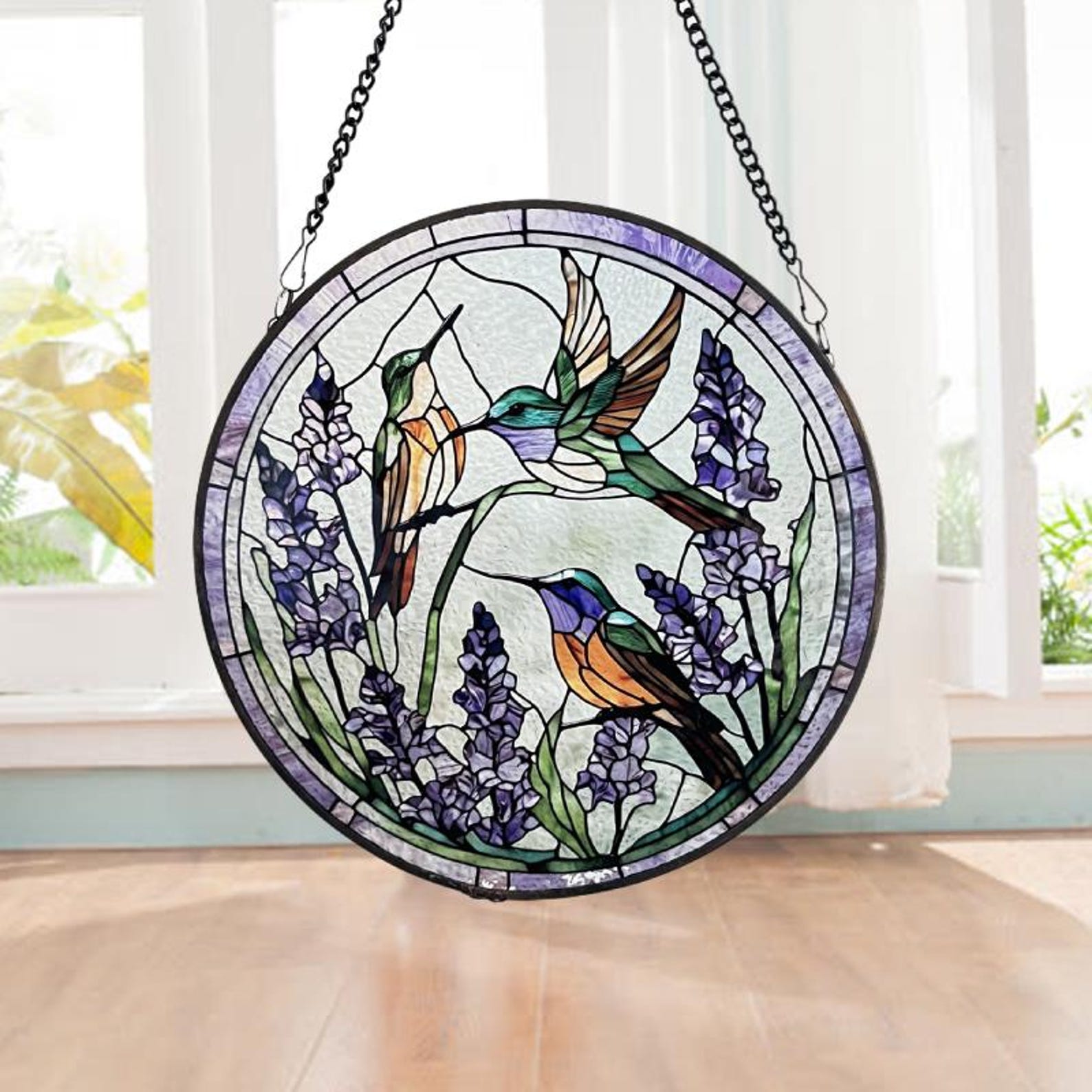Hummingbird Lavender Stained Glass Style Suncatcher,Window Decor,Wall Art,Window Hanging,gift for mom,Garden Decor,gift for bird lover