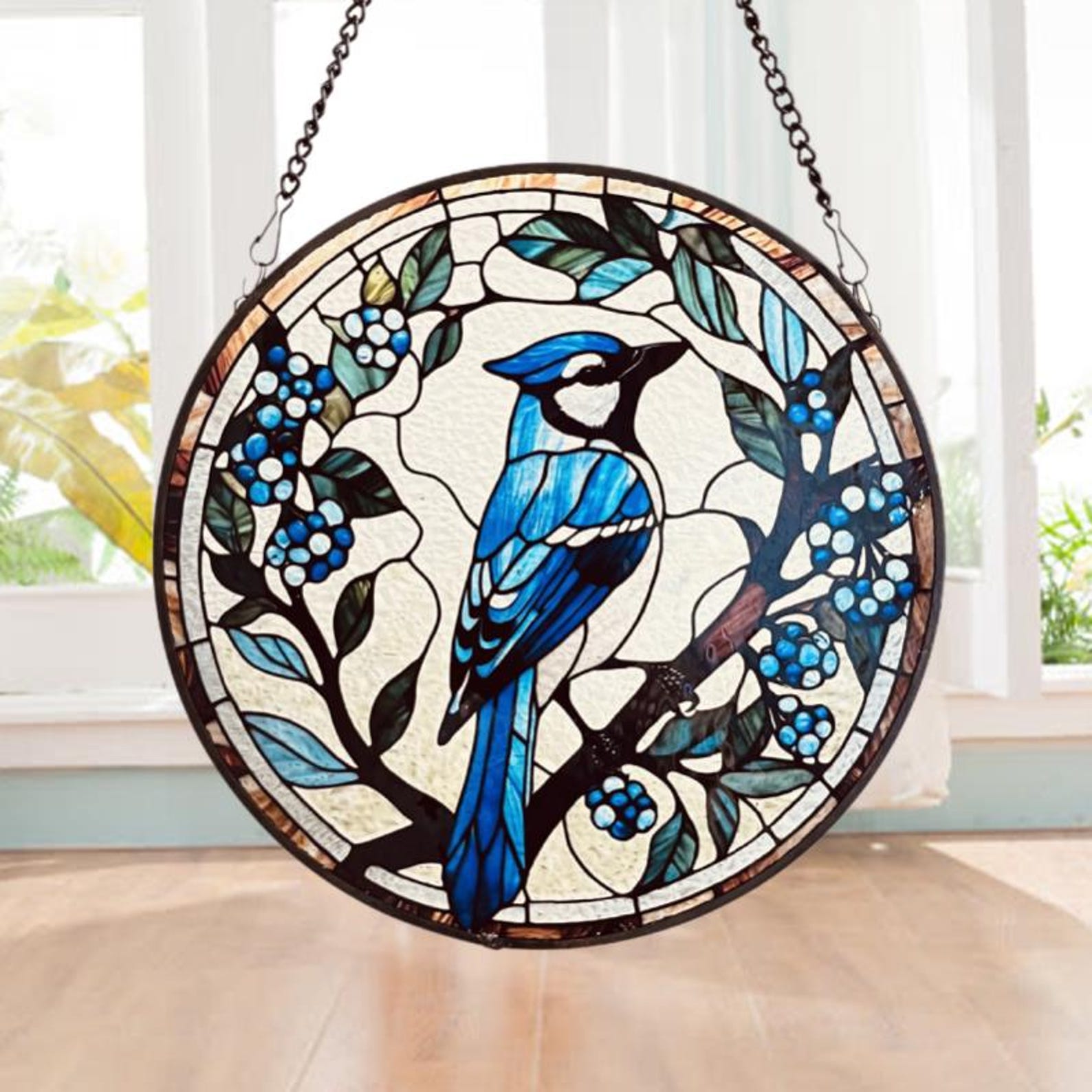 Blue Jay in the Bush Stained Glass Suncatcher Window Decoration | Perfect for Home & Garden | Gift for Bird Lovers  Nature Enthusiasts