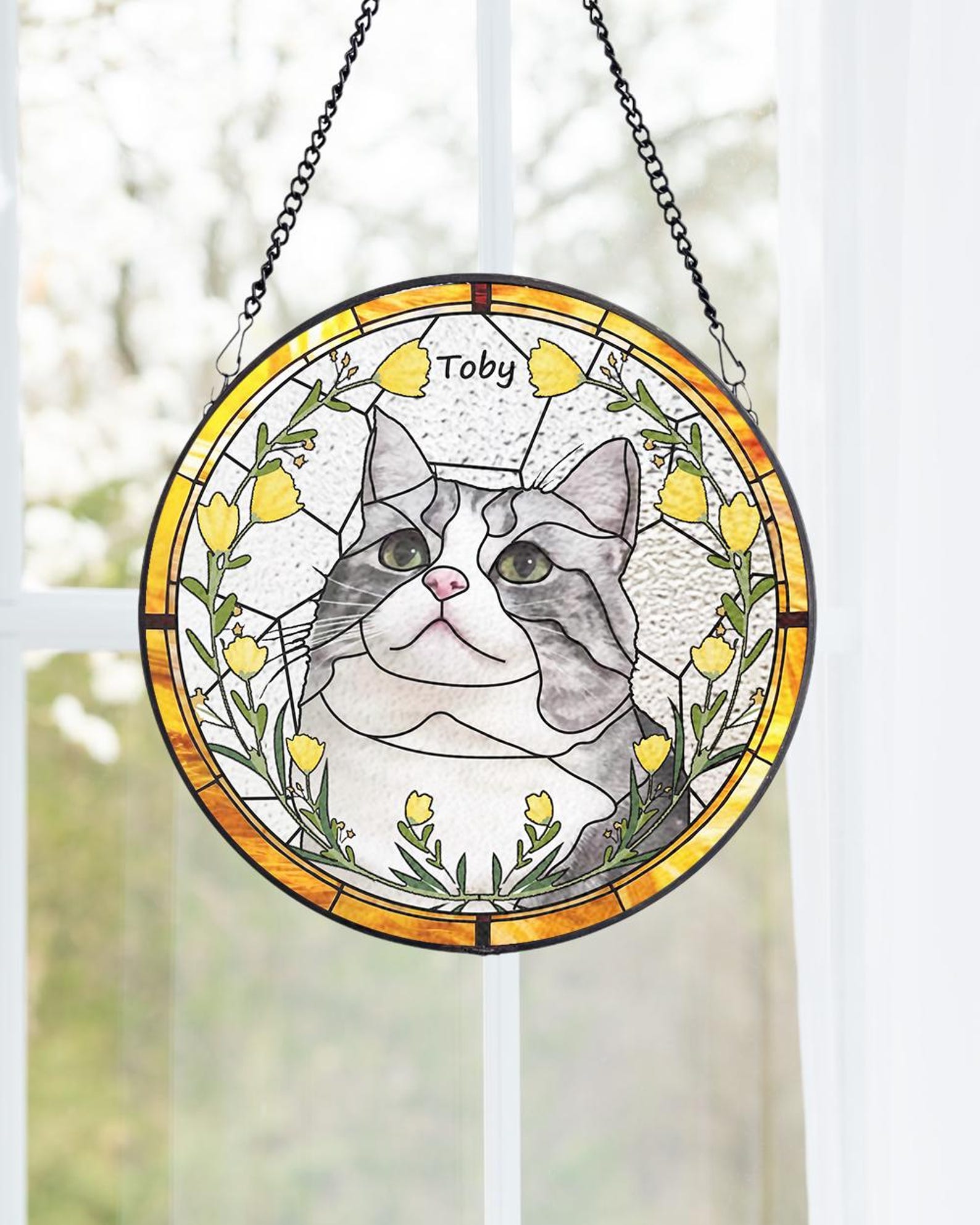 Custom Pet Portrait Stained Glass Suncatcher, Stained Glass cat Memorial, Custom cat Portrait from Photo, pet loss gifts , Stained glass cat