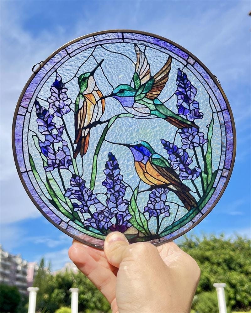 Hummingbird Lavender Stained Glass Style Suncatcher,Window Decor,Wall Art,Window Hanging,gift for mom,Garden Decor,gift for bird lover
