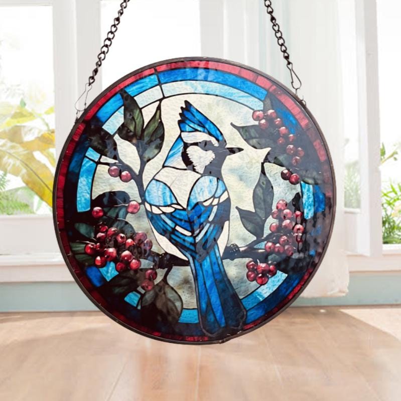 Blue Jay in the Bush Stained Glass Suncatcher Window Decoration | Perfect for Home & Garden | Gift for Bird Lovers  Nature Enthusiasts