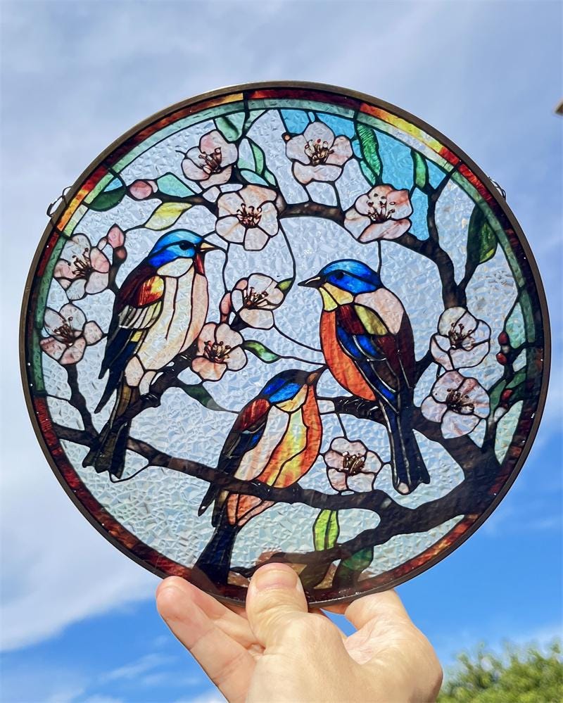 Many Robins Playing on Branch Stained Glass Style Suncatcher | Window Decor | Home Decoration |  for Bird and Nature Lovers  Housewarming