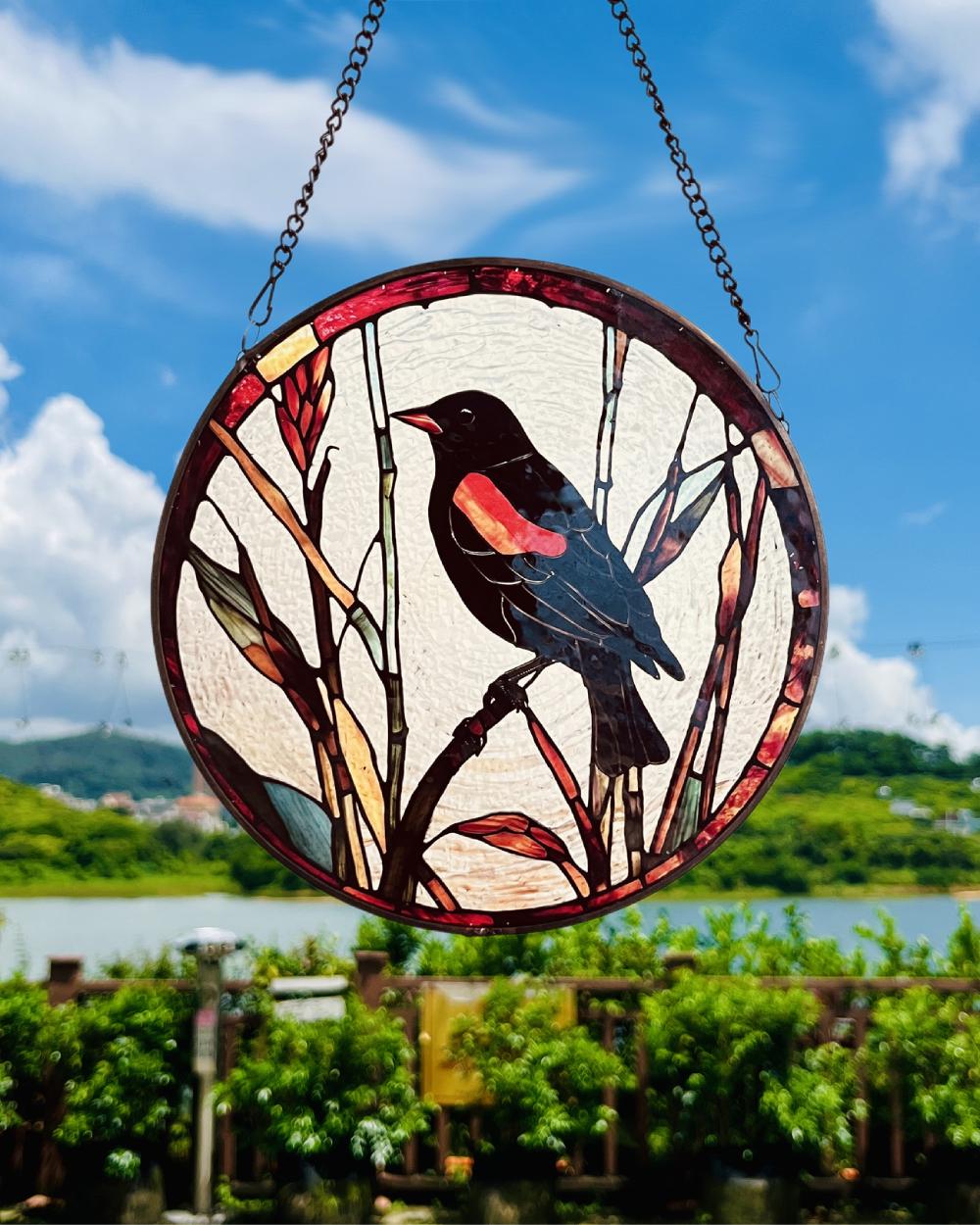 Red-Winged Blackbirds in Love Stained Glass Style Suncatcher | Window Decor | Gift for Bird and Nature Lovers | Wildlife Gift Idea