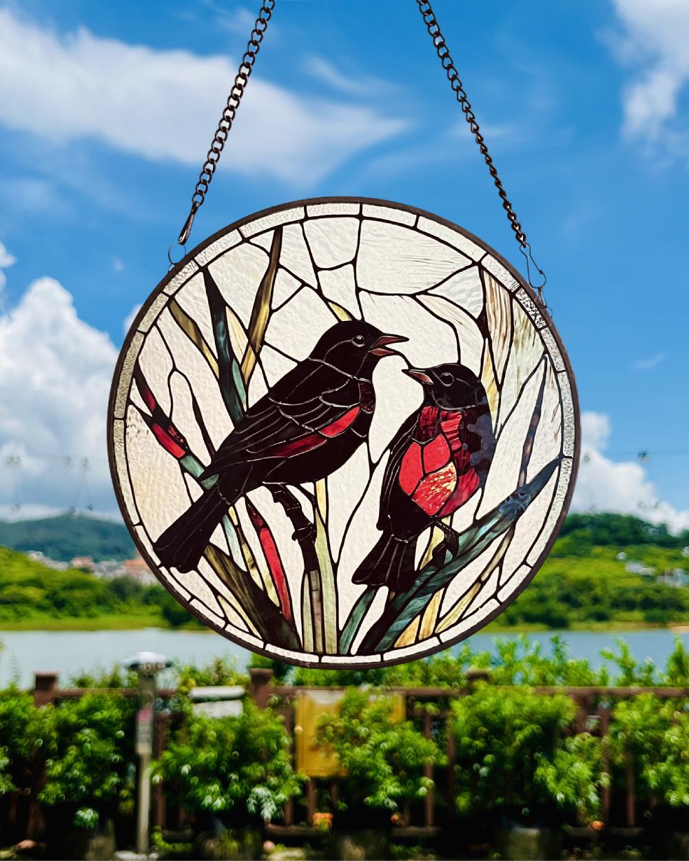 Red-Winged Blackbirds in Love Stained Glass Style Suncatcher | Window Decor | Gift for Bird and Nature Lovers | Wildlife Gift Idea