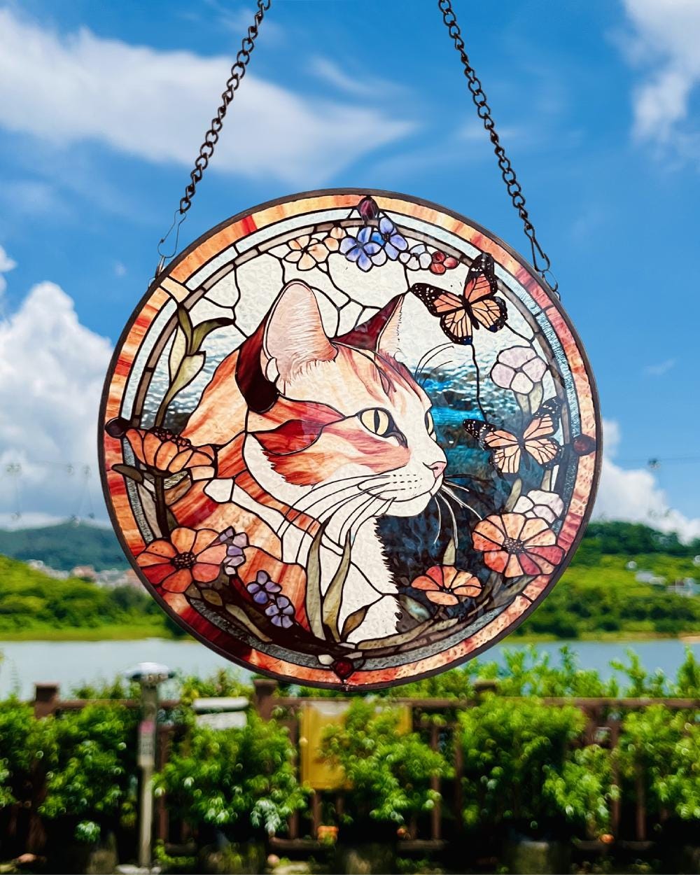 Cat Among Flowers Stained Glass Style Suncatcher | Window Decor | Home Decoration | Gift for Cat Lovers and Garden Enthusiasts