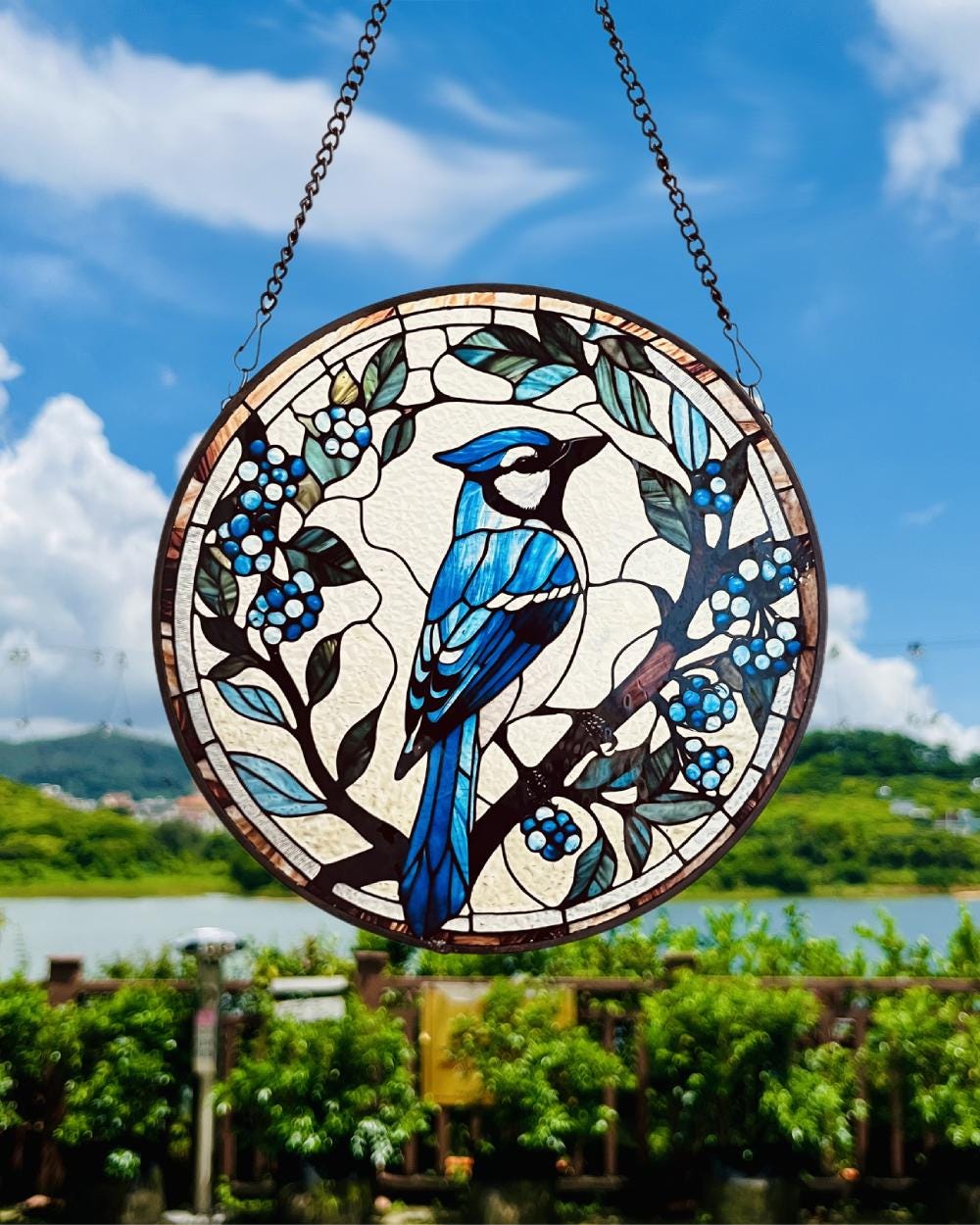 Blue Jay in the Bush Stained Glass Suncatcher Window Decoration | Perfect for Home & Garden | Gift for Bird Lovers  Nature Enthusiasts