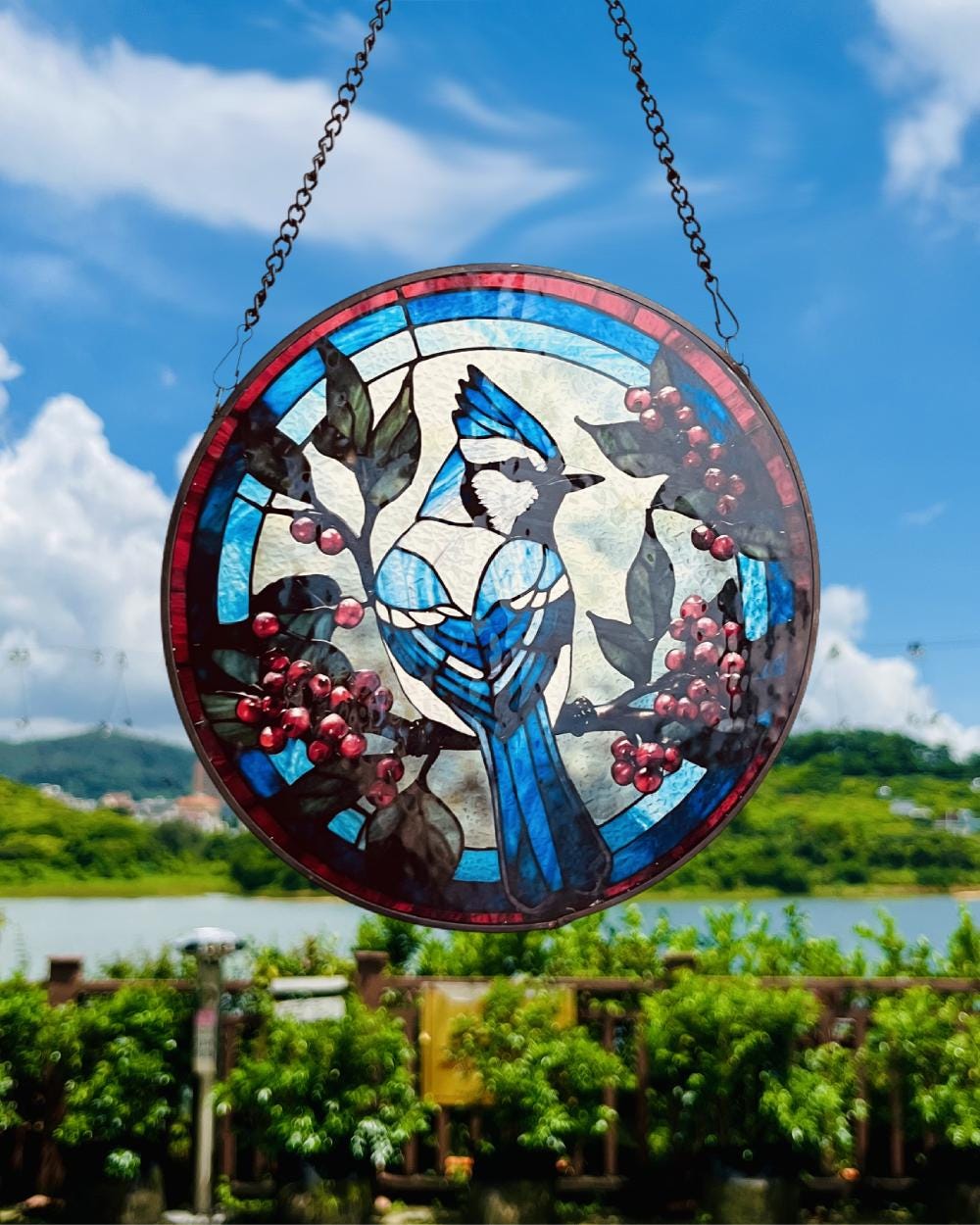 Blue Jay in the Bush Stained Glass Suncatcher Window Decoration | Perfect for Home & Garden | Gift for Bird Lovers  Nature Enthusiasts
