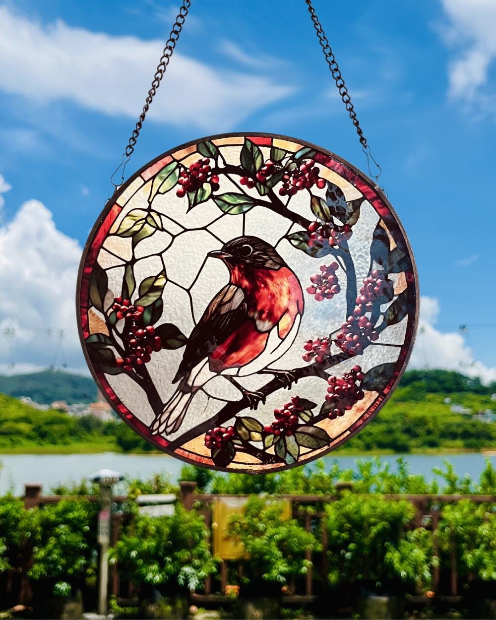 Many Robins Playing on Branch Stained Glass Style Suncatcher | Window Decor | Home Decoration |  for Bird and Nature Lovers  Housewarming
