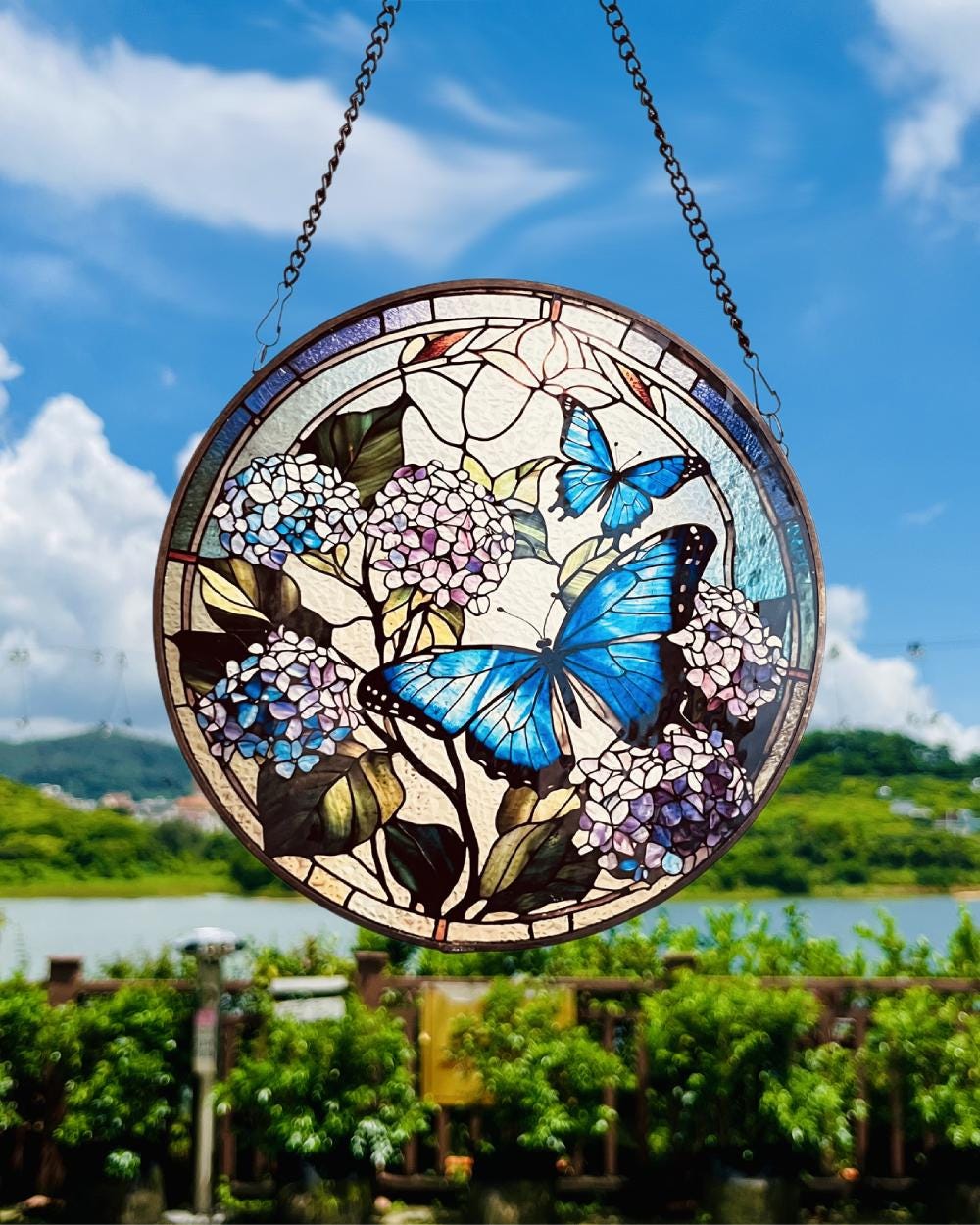 Butterfly Flying Among Flowers Stained Glass Style Suncatcher | Window Decor | Home Decoration | Ideal Gift for Butterfly  Garden Lovers