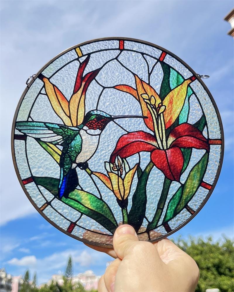 Hummingbird Lavender Stained Glass Style Suncatcher,Window Decor,Wall Art,Window Hanging,gift for mom,Garden Decor,gift for bird lover