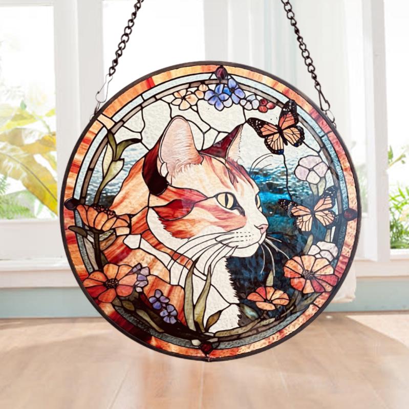 Cat Among Flowers Stained Glass Style Suncatcher | Window Decor | Home Decoration | Gift for Cat Lovers and Garden Enthusiasts
