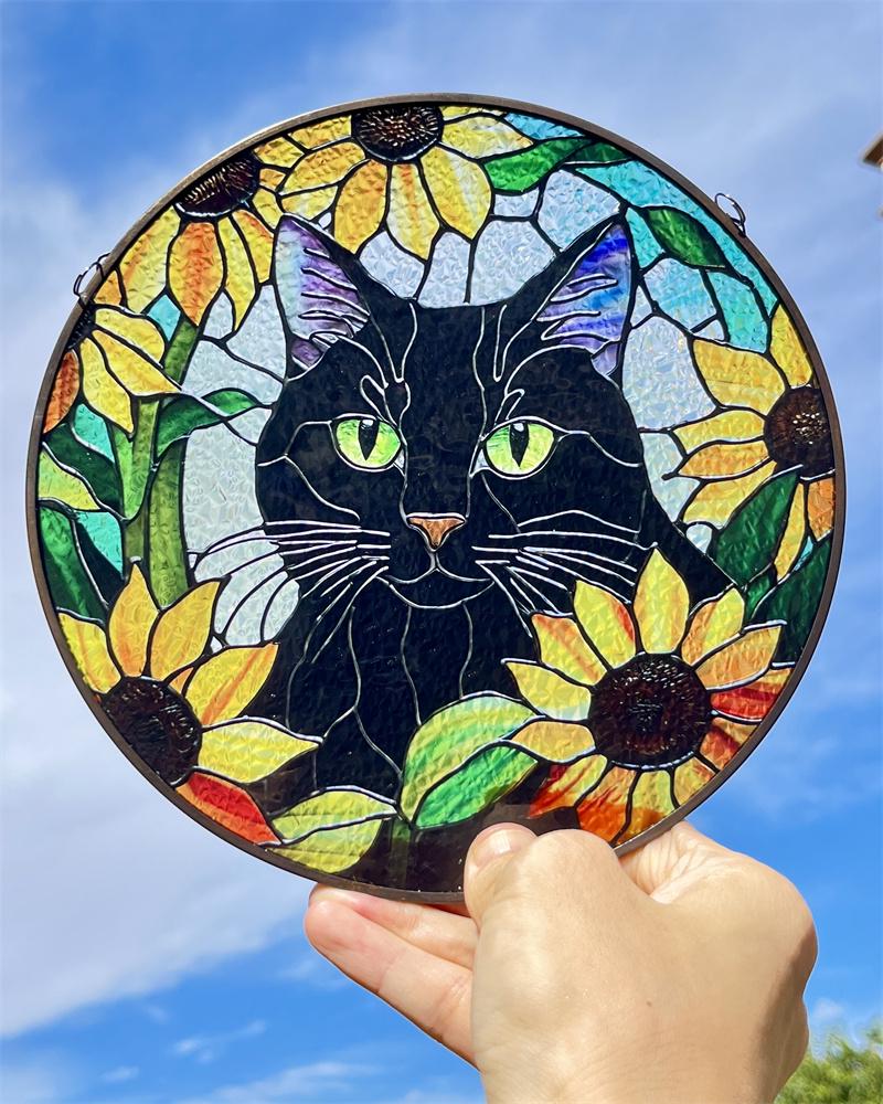 Cat Among Flowers Stained Glass Style Suncatcher | Window Decor | Home Decoration | Gift for Cat Lovers and Garden Enthusiasts