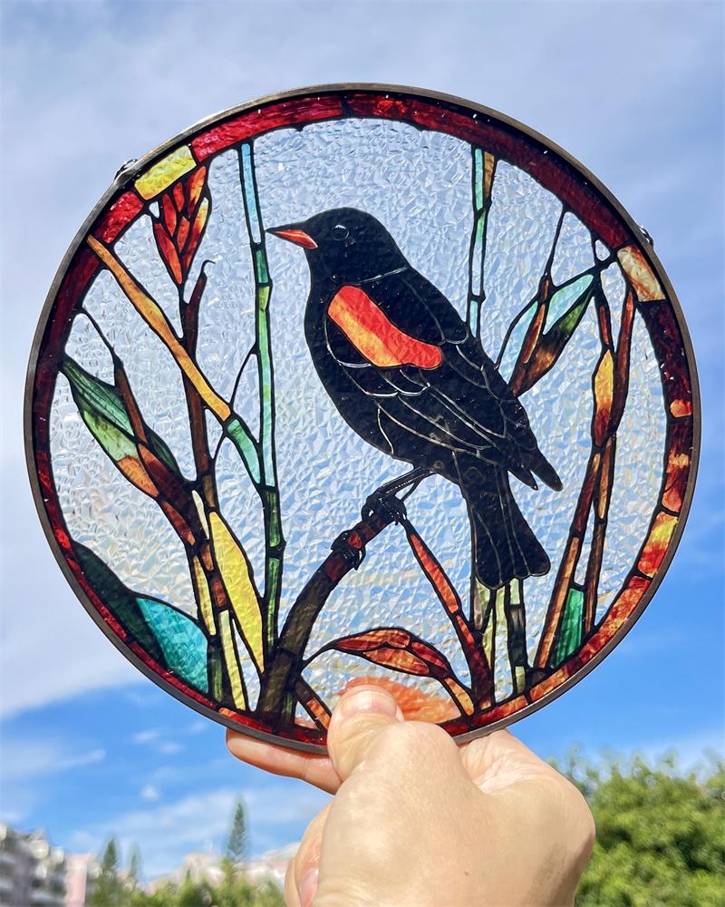 Red-Winged Blackbirds in Love Stained Glass Style Suncatcher | Window Decor | Gift for Bird and Nature Lovers | Wildlife Gift Idea