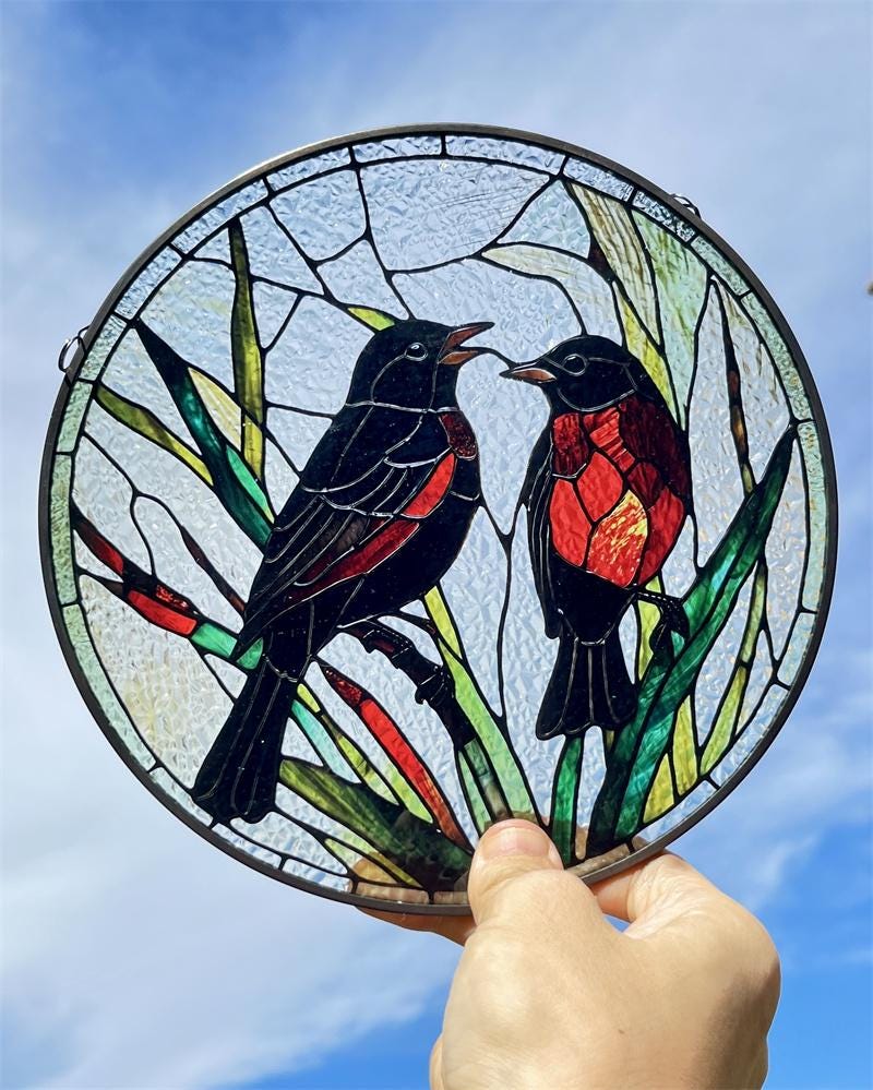 Red-Winged Blackbirds in Love Stained Glass Style Suncatcher | Window Decor | Gift for Bird and Nature Lovers | Wildlife Gift Idea