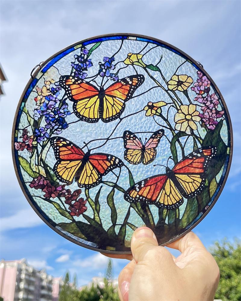 Butterfly Flying Among Flowers Stained Glass Style Suncatcher | Window Decor | Home Decoration | Ideal Gift for Butterfly  Garden Lovers