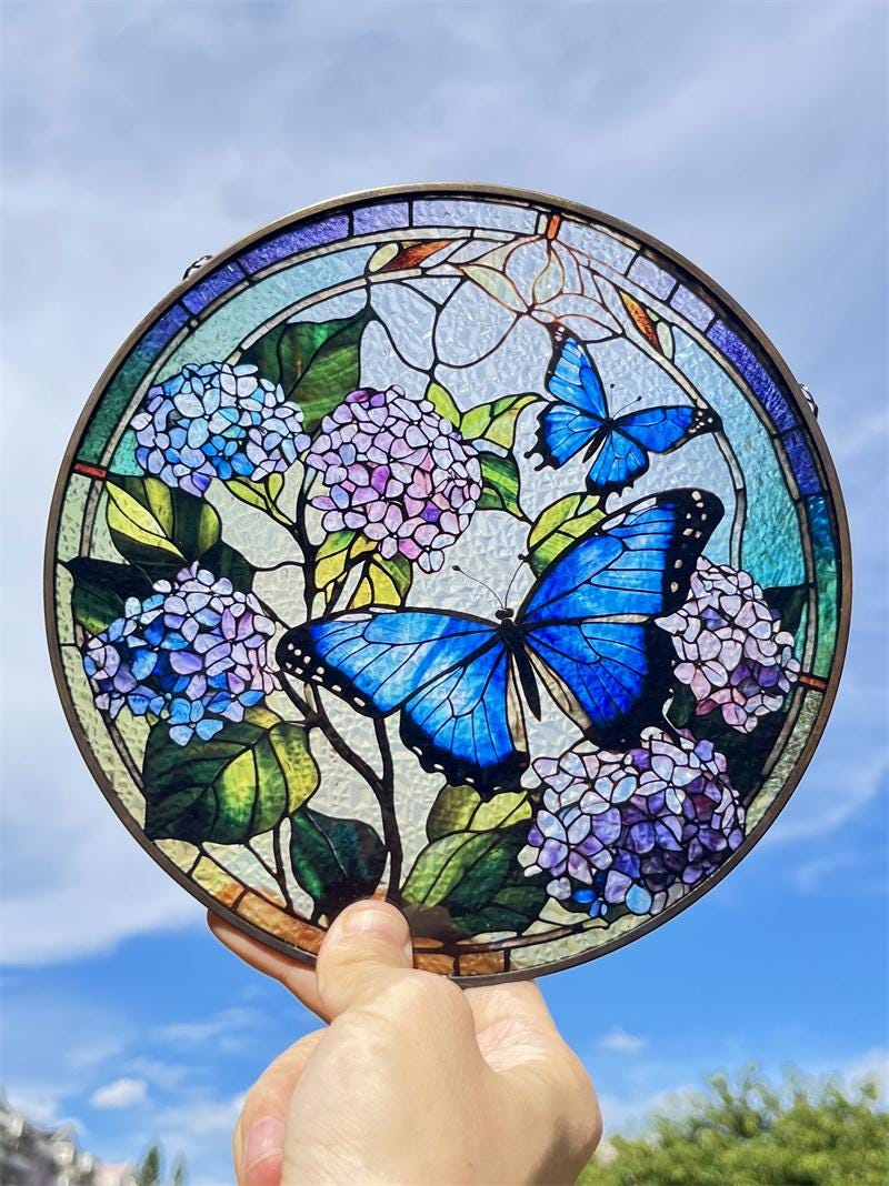 Butterfly Flying Among Flowers Stained Glass Style Suncatcher | Window Decor | Home Decoration | Ideal Gift for Butterfly  Garden Lovers