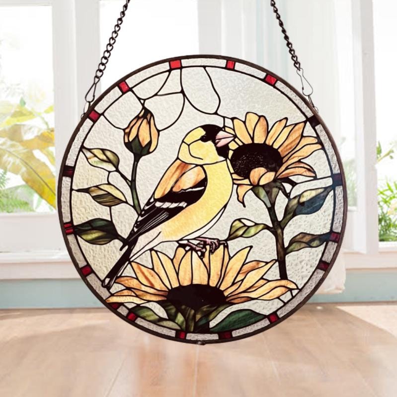 Goldfinch Stained Glass Style Suncatcher | Window Decor | Home Decoration | Perfect Gift for Bird & Nature Lovers | Ideal for Mother's Day