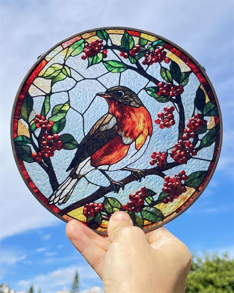 Many Robins Playing on Branch Stained Glass Style Suncatcher | Window Decor | Home Decoration |  for Bird and Nature Lovers  Housewarming