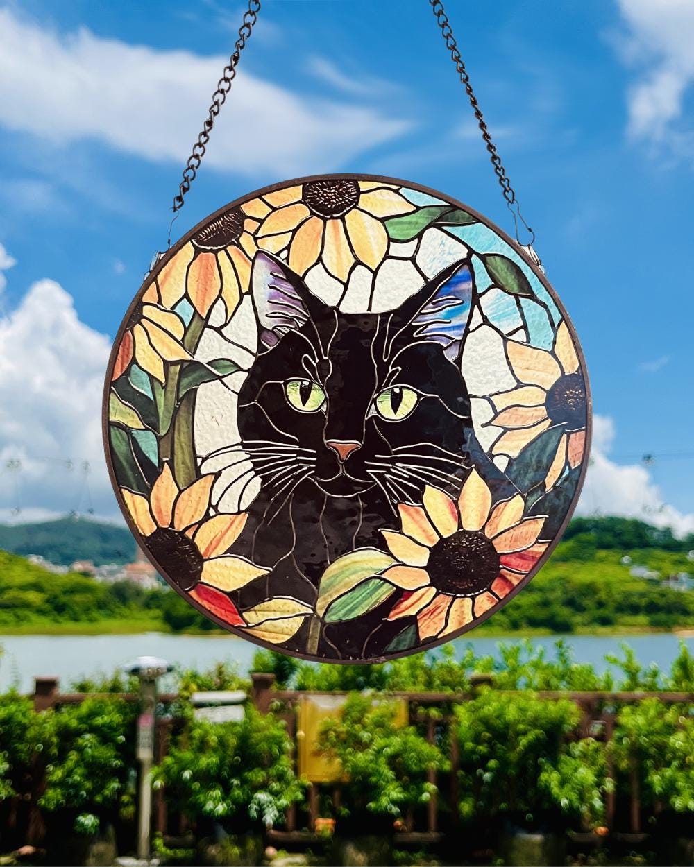 Cat Among Flowers Stained Glass Style Suncatcher | Window Decor | Home Decoration | Gift for Cat Lovers and Garden Enthusiasts