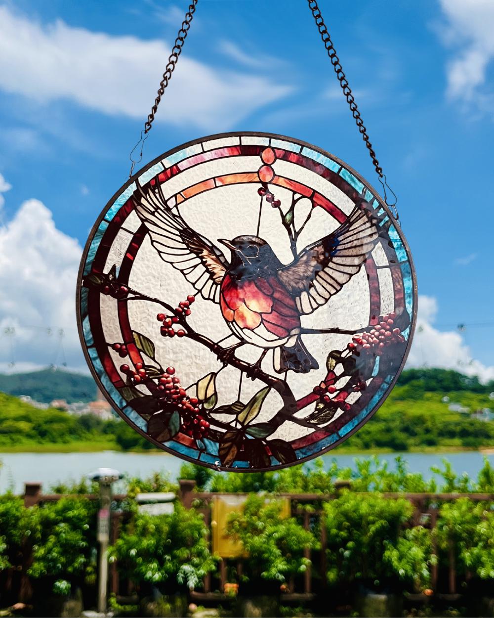 Many Robins Playing on Branch Stained Glass Style Suncatcher | Window Decor | Home Decoration |  for Bird and Nature Lovers  Housewarming