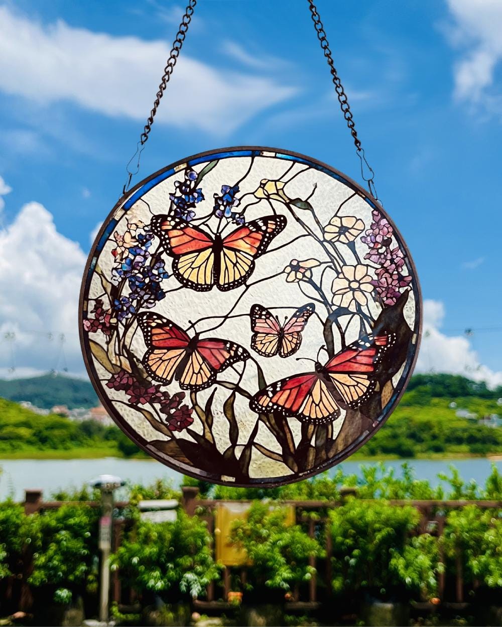 Butterfly Flying Among Flowers Stained Glass Style Suncatcher | Window Decor | Home Decoration | Ideal Gift for Butterfly  Garden Lovers