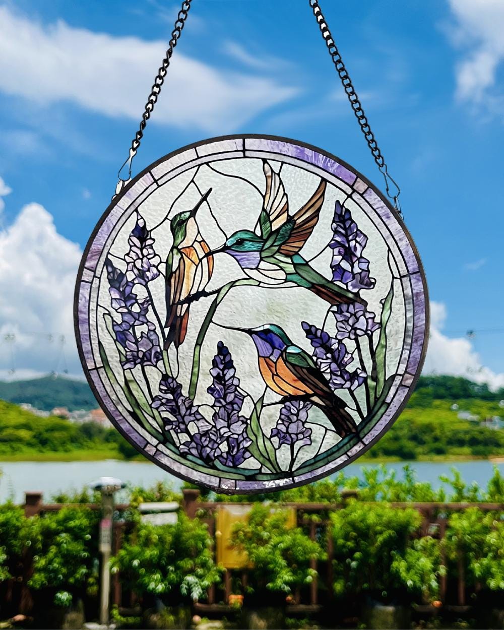 Hummingbird Lavender Stained Glass Style Suncatcher,Window Decor,Wall Art,Window Hanging,gift for mom,Garden Decor,gift for bird lover