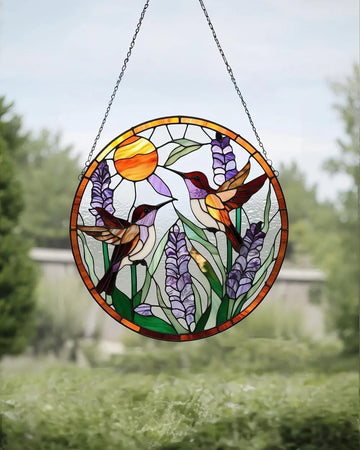 Hummingbird Stained Glass Suncatcher Window Hangings with Flowers, Bird Stained Glass for Window Decor Hummingbird Gifts for Mom,Bird Lovers