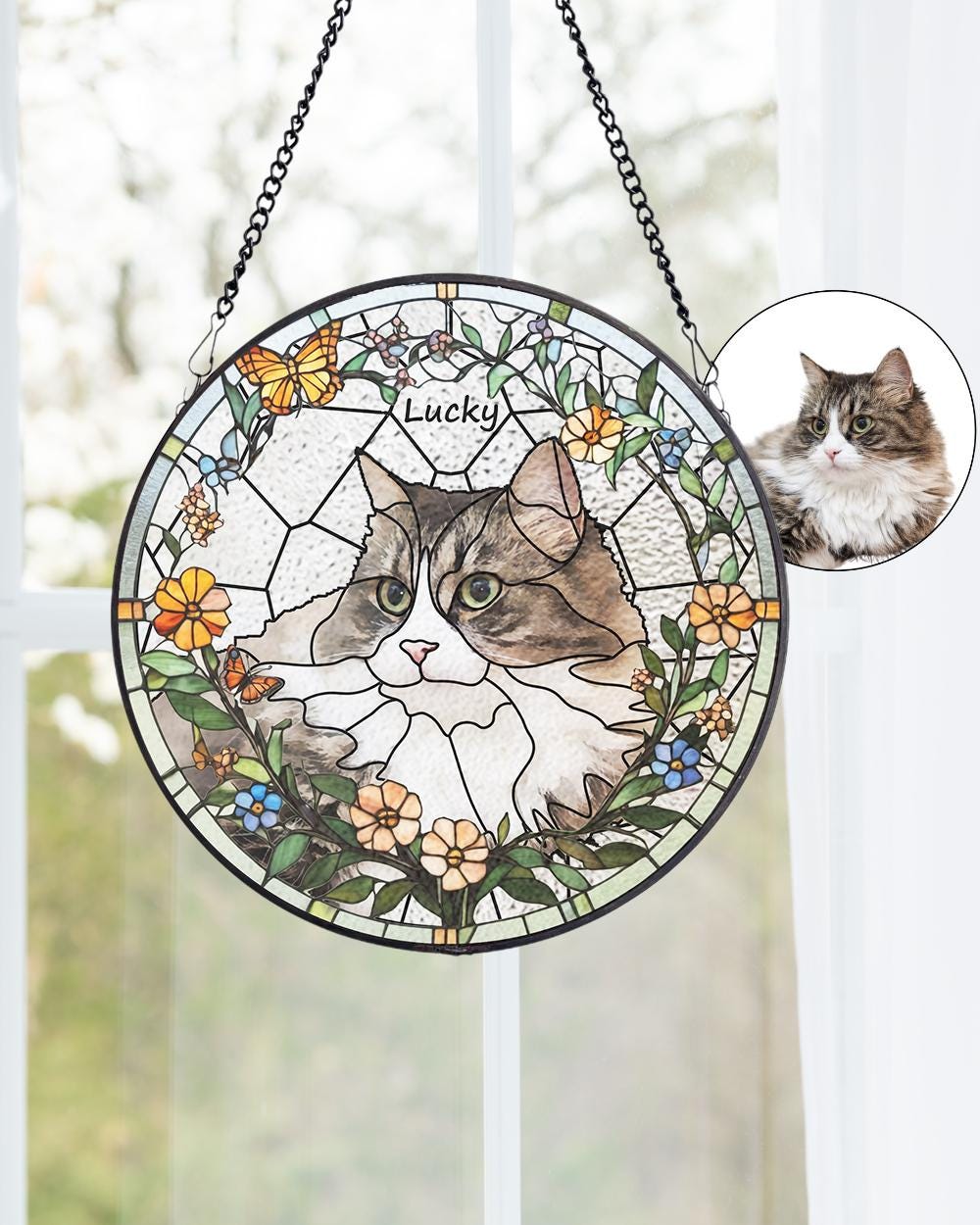 Custom Pet Portrait Stained Glass Suncatcher, Stained Glass cat Memorial, Custom cat Portrait from Photo, pet loss gifts , Stained glass cat