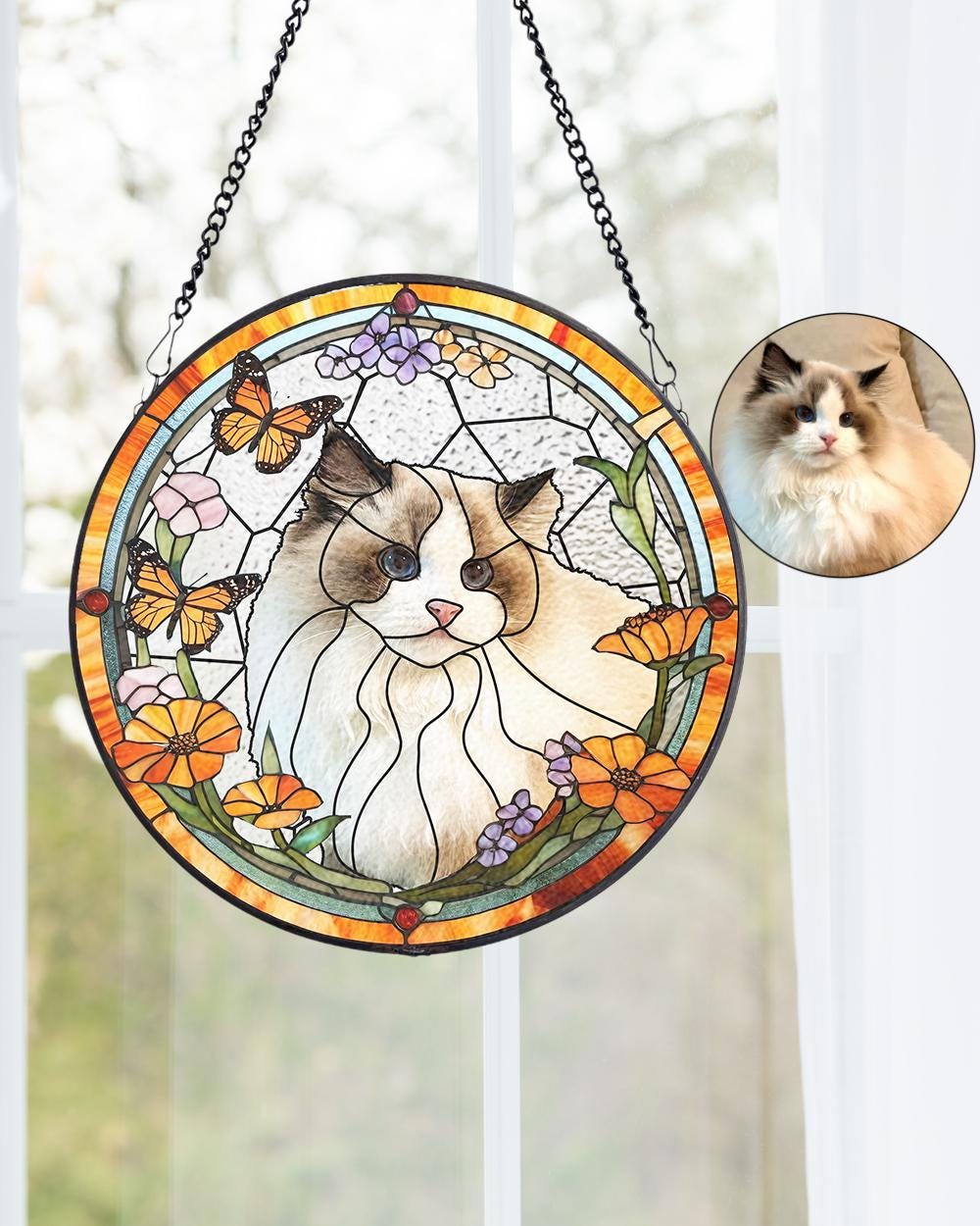Custom Pet Portrait Stained Glass Suncatcher, Stained Glass cat Memorial, Custom cat Portrait from Photo, pet loss gifts , Stained glass cat