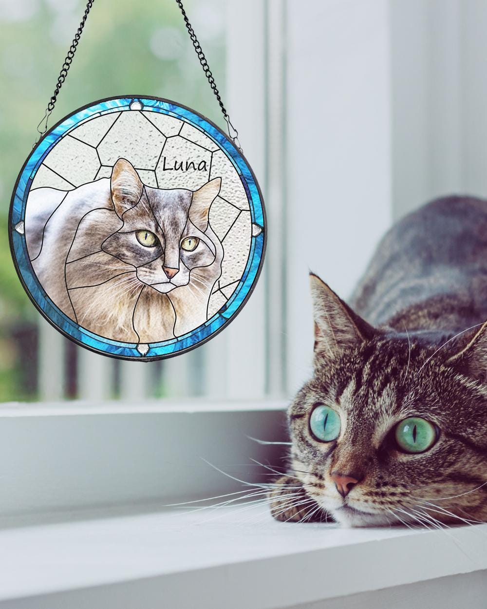 Custom Pet Portrait Stained Glass Suncatcher, Stained Glass cat Memorial, Custom cat Portrait from Photo, pet loss gifts , Stained glass cat