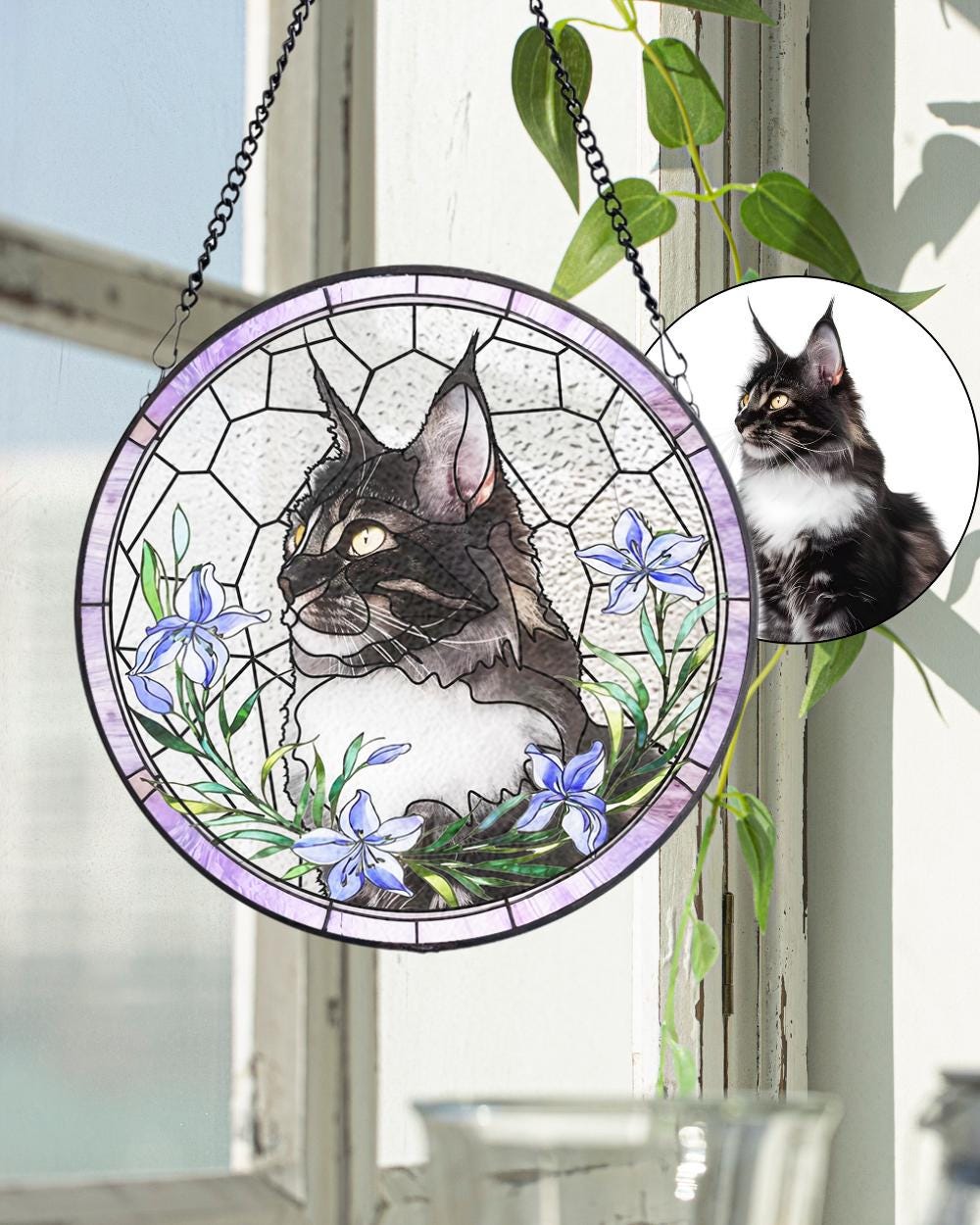 Custom Pet Portrait Stained Glass Suncatcher, Stained Glass cat Memorial, Custom cat Portrait from Photo, pet loss gifts , Stained glass cat
