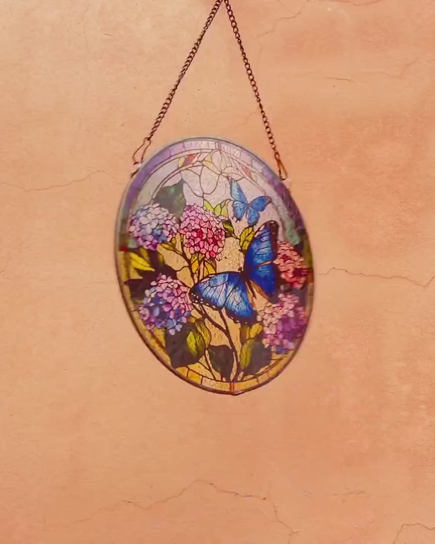 Butterfly Flying Among Flowers Stained Glass Style Suncatcher | Window Decor | Home Decoration | Ideal Gift for Butterfly  Garden Lovers