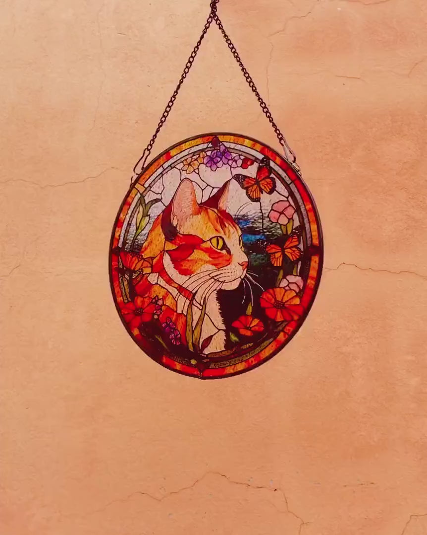 Cat Among Flowers Stained Glass Style Suncatcher | Window Decor | Home Decoration | Gift for Cat Lovers and Garden Enthusiasts